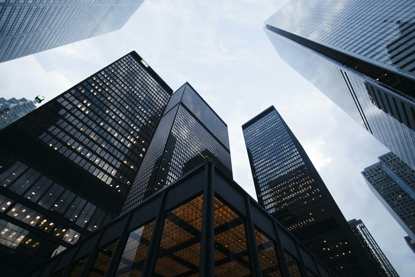 Corporate office towers viewed from street level
